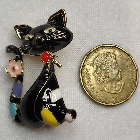 NEW Charming Black Enamel Cat Brooch with Multicolor Accents - Picture 3 of 3